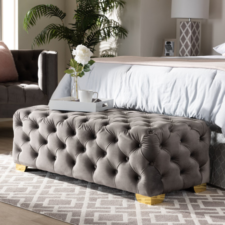 Baxton Studio Avara Gray Velvet Upholstered Gold Finished Tufted Bench Ottoman 154-9370